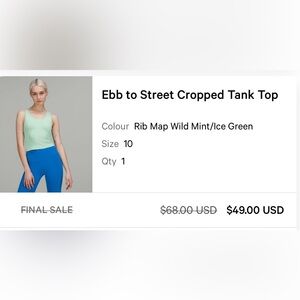 Lululemon ebb to street crop tank